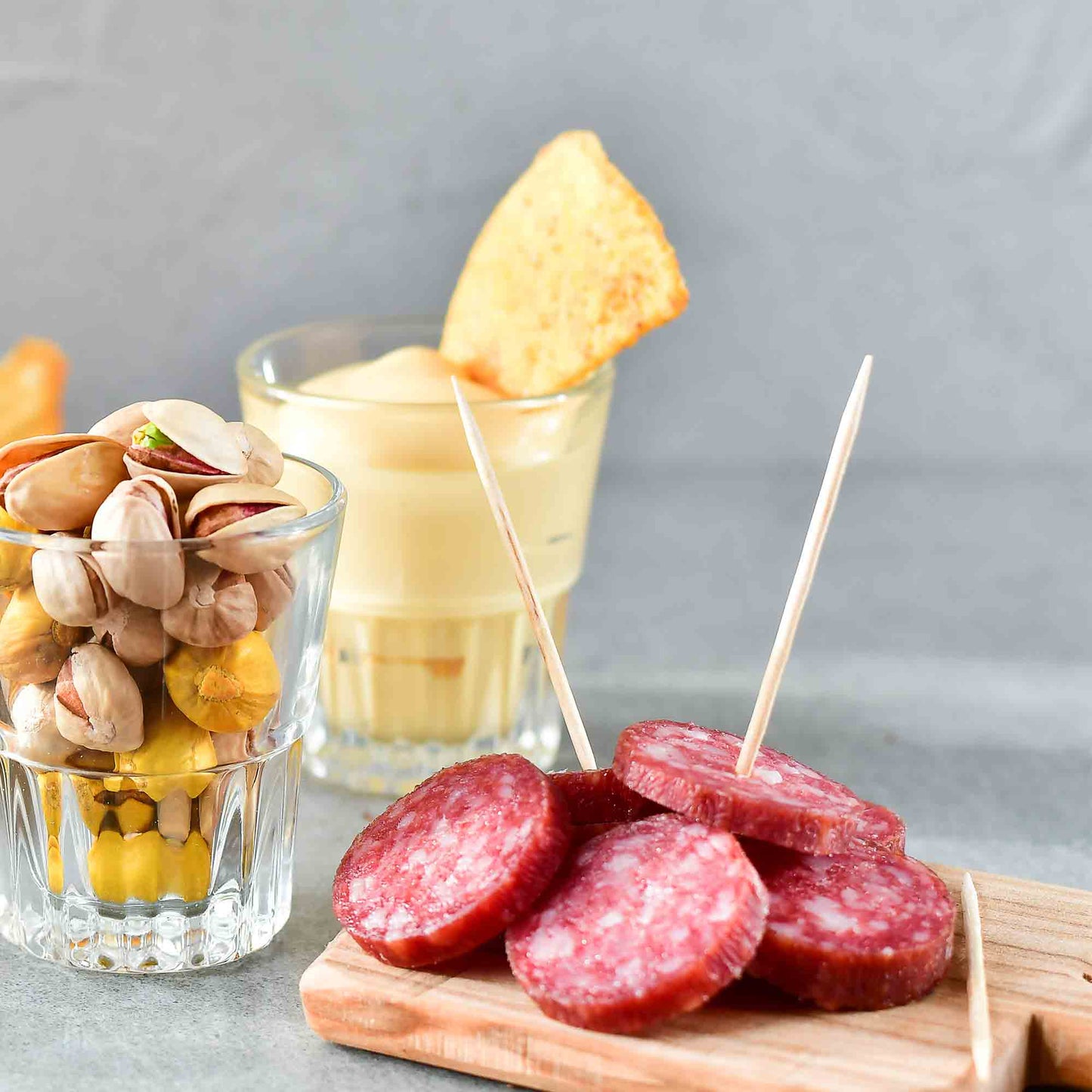 Salami Chips and Mustard Dipping Sauce