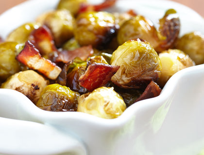 Roasted Brussell Sprouts with Almonds, Garlic, and Beretta Bacon Bits