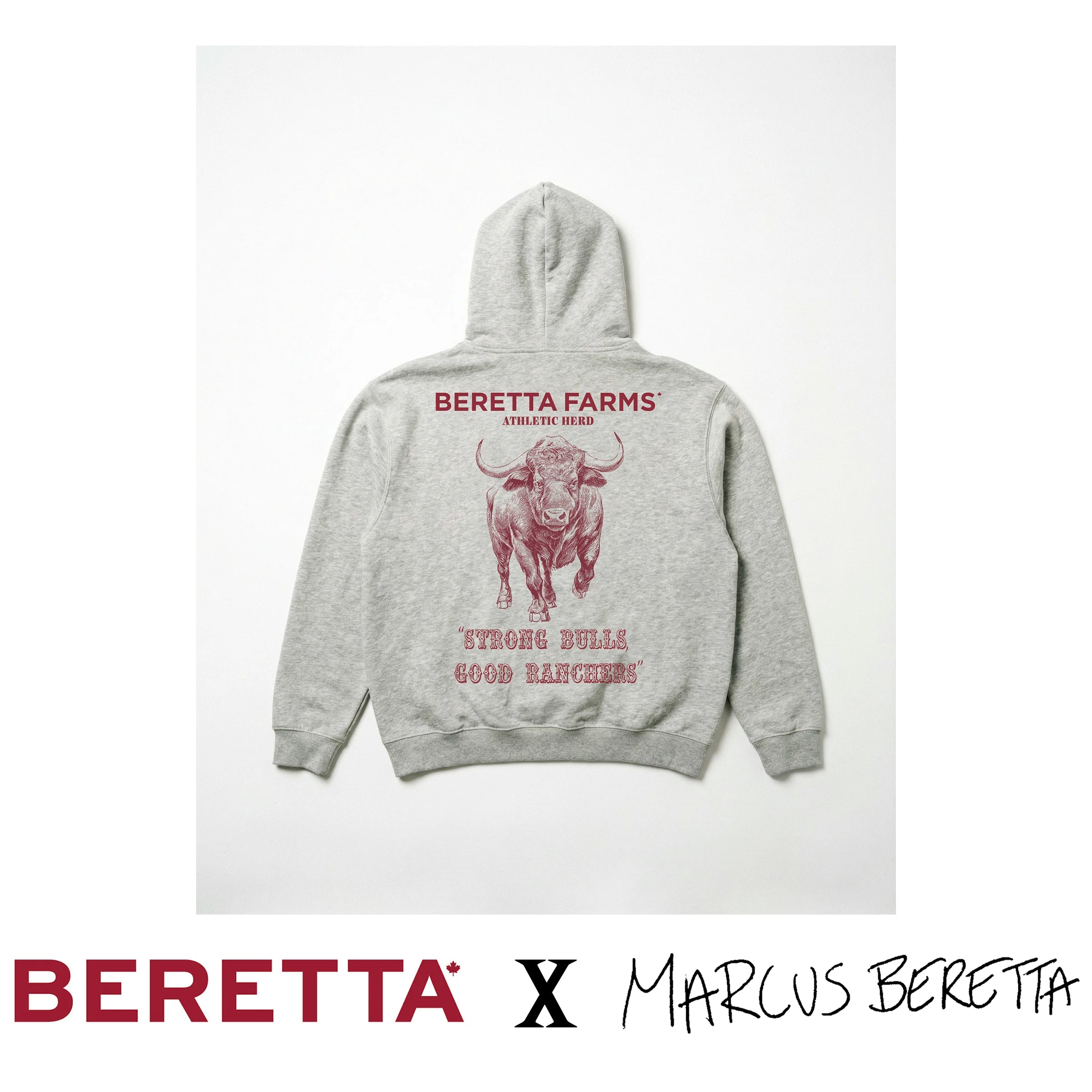 Gray hoodie with bull graphic and text on a white background, featuring Beretta branding.