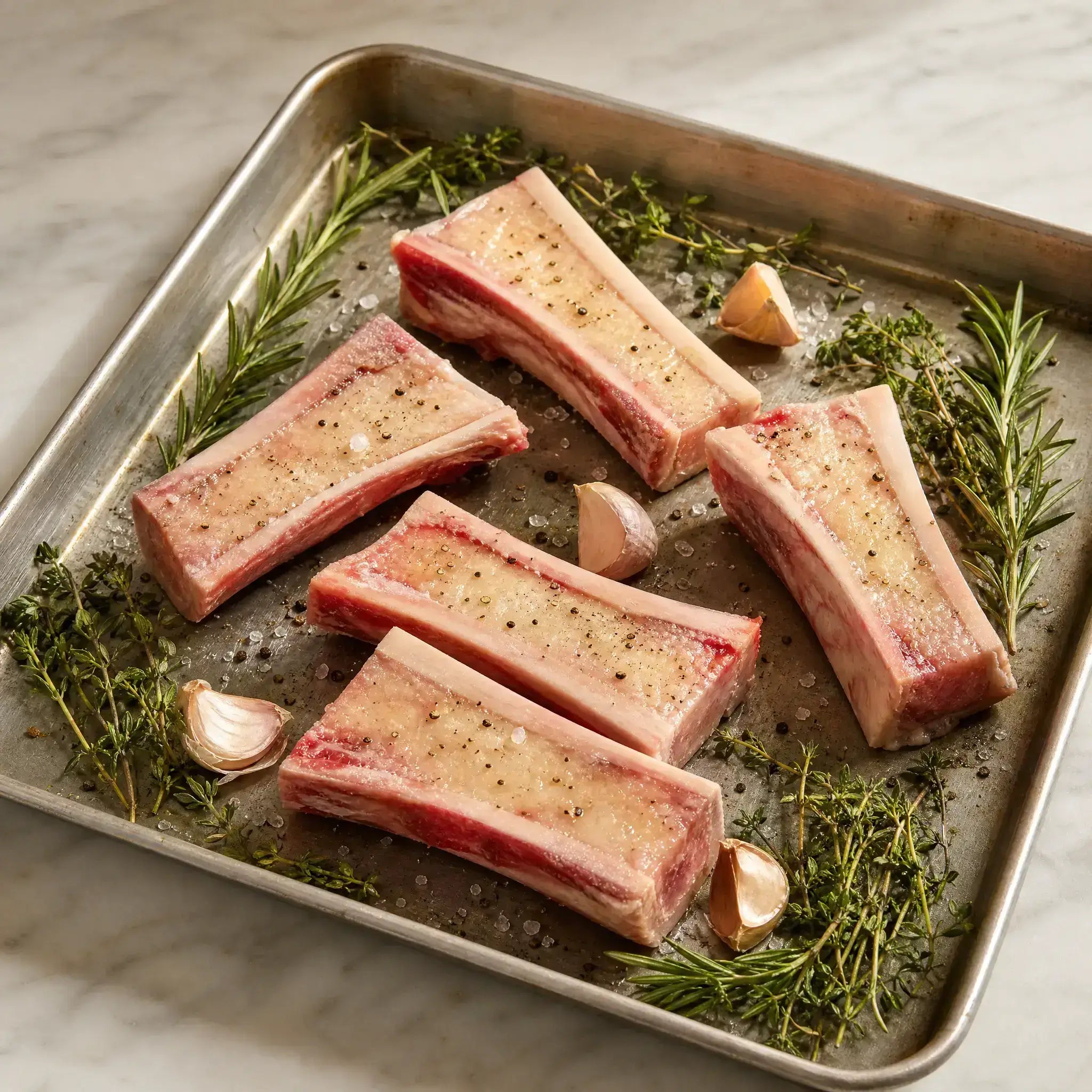 Five bone-in cuts of beef arranged on a metal baking sheet with rosemary, thyme, garlic cloves, and coarse seasoning, photographed from above on a light marble surface.