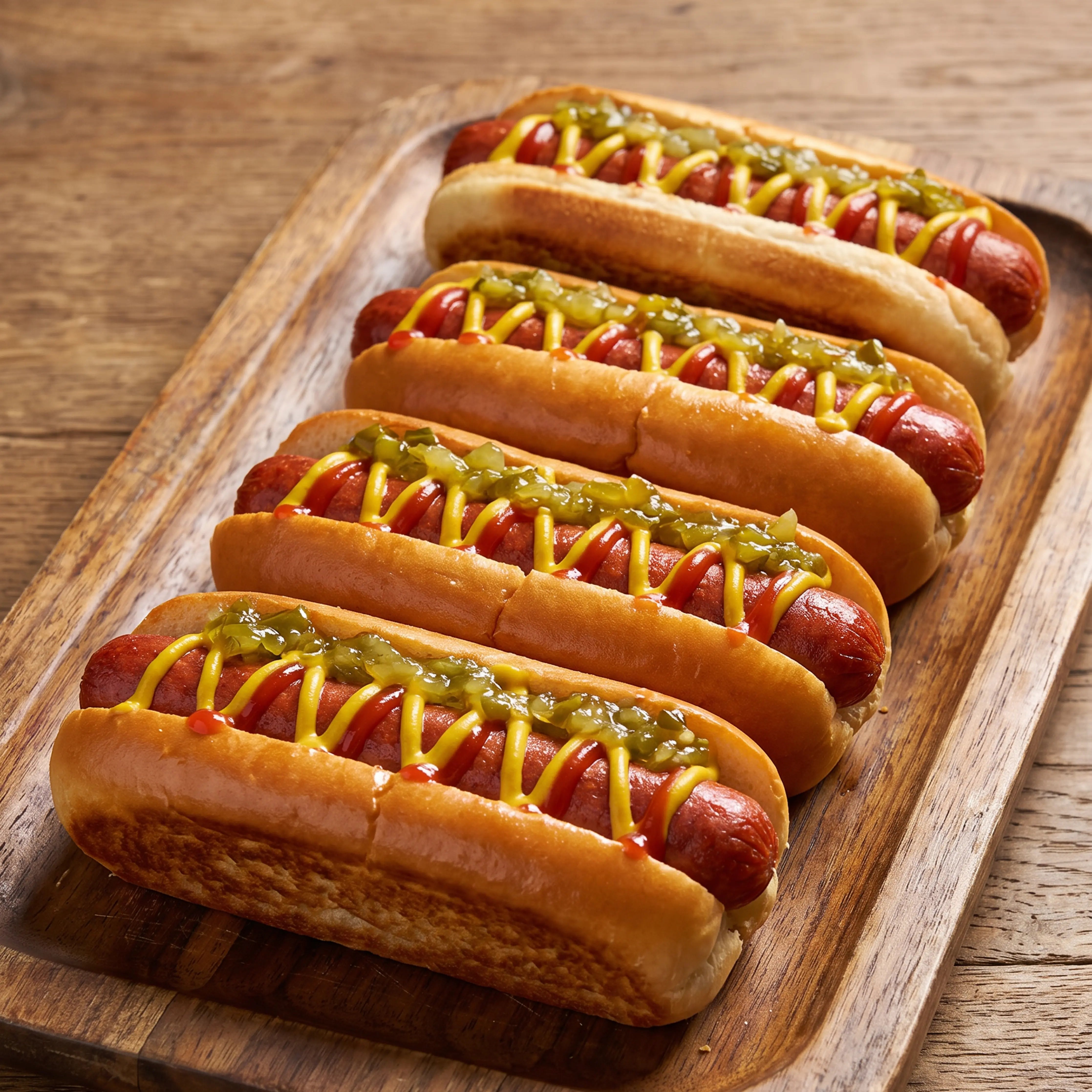 Four beretta bison hot dogs in toasted buns, topped with mustard, ketchup, and green relish, arranged on a wooden serving board over a rustic wooden table.