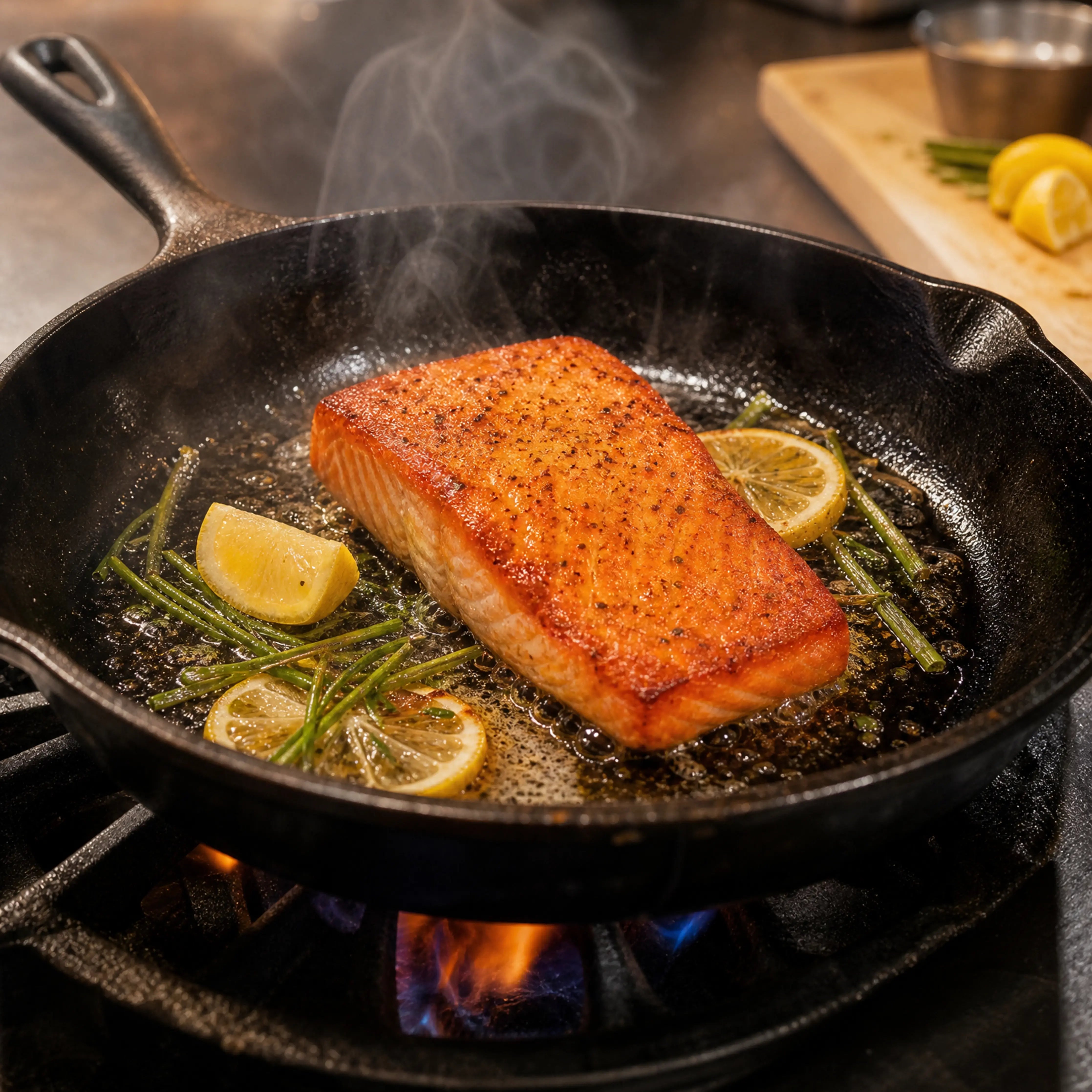 A seared salmon fillet cooks in a black cast iron skillet on a gas stove, with lemon slices, green onions, and visible flames beneath.