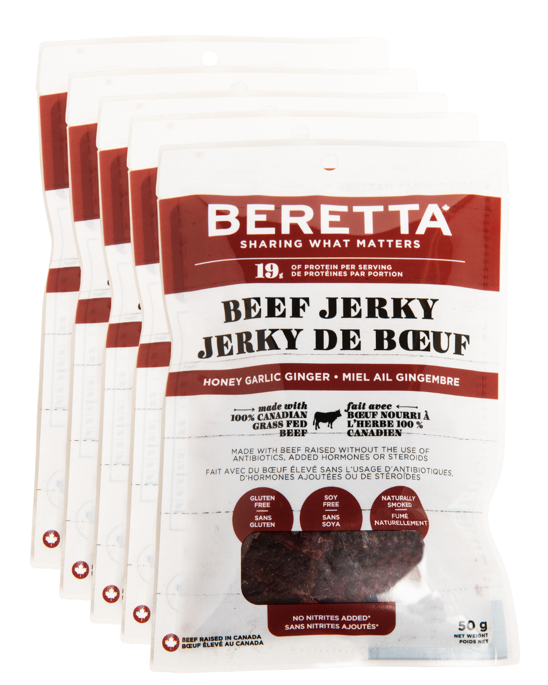 Beretta beef jerky 5 packages with a white background